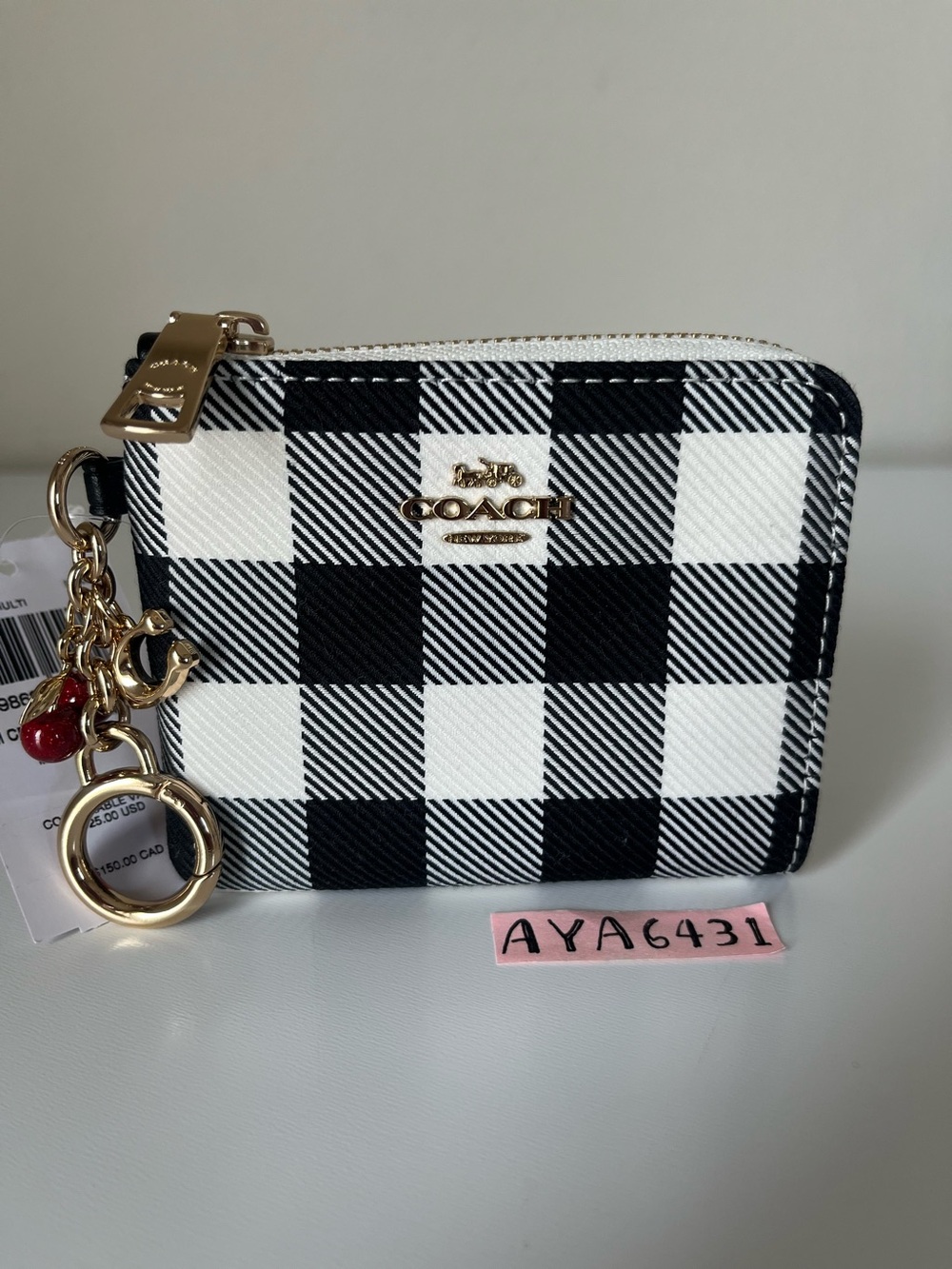 Coach Small Corner Zip Wallet With Gingham Print And Charms🎈🎈